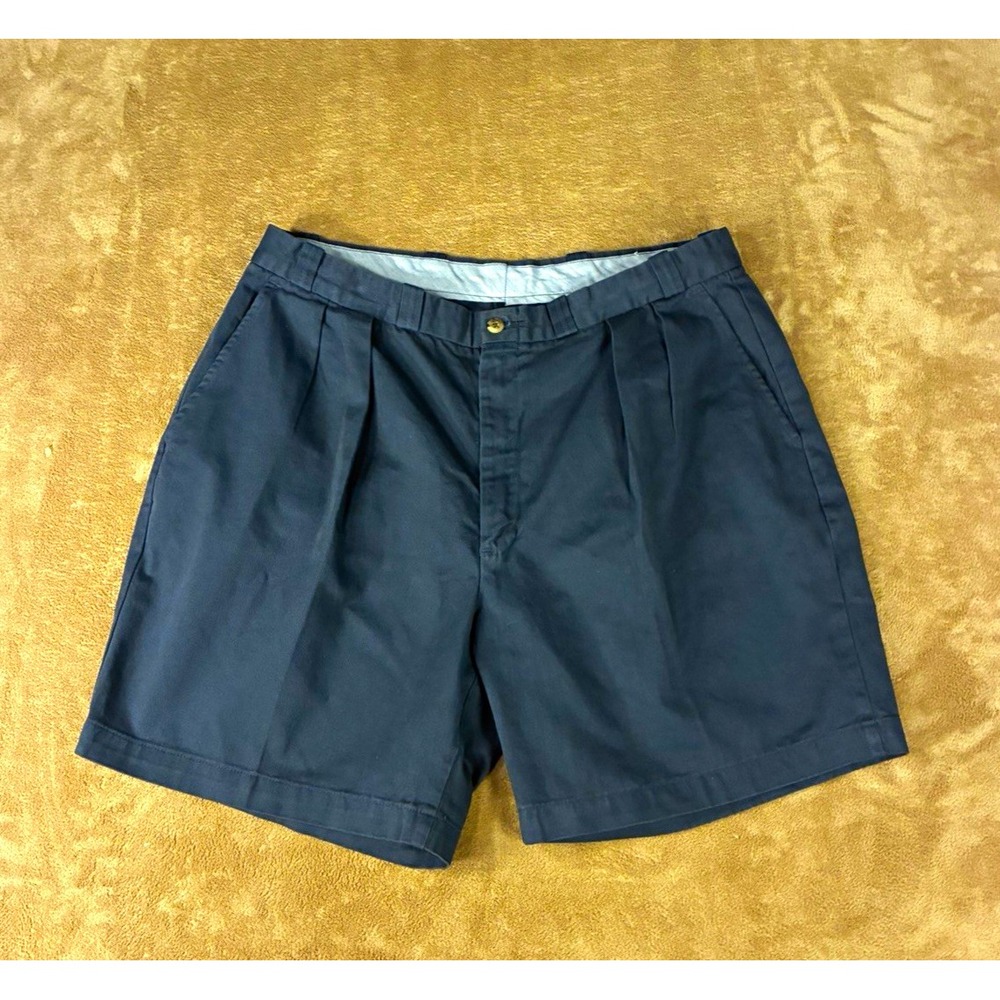 VTG Duck Head Mens 34 Navy Pleated Chino Shorts Twill Cotton Pockets Button Logo